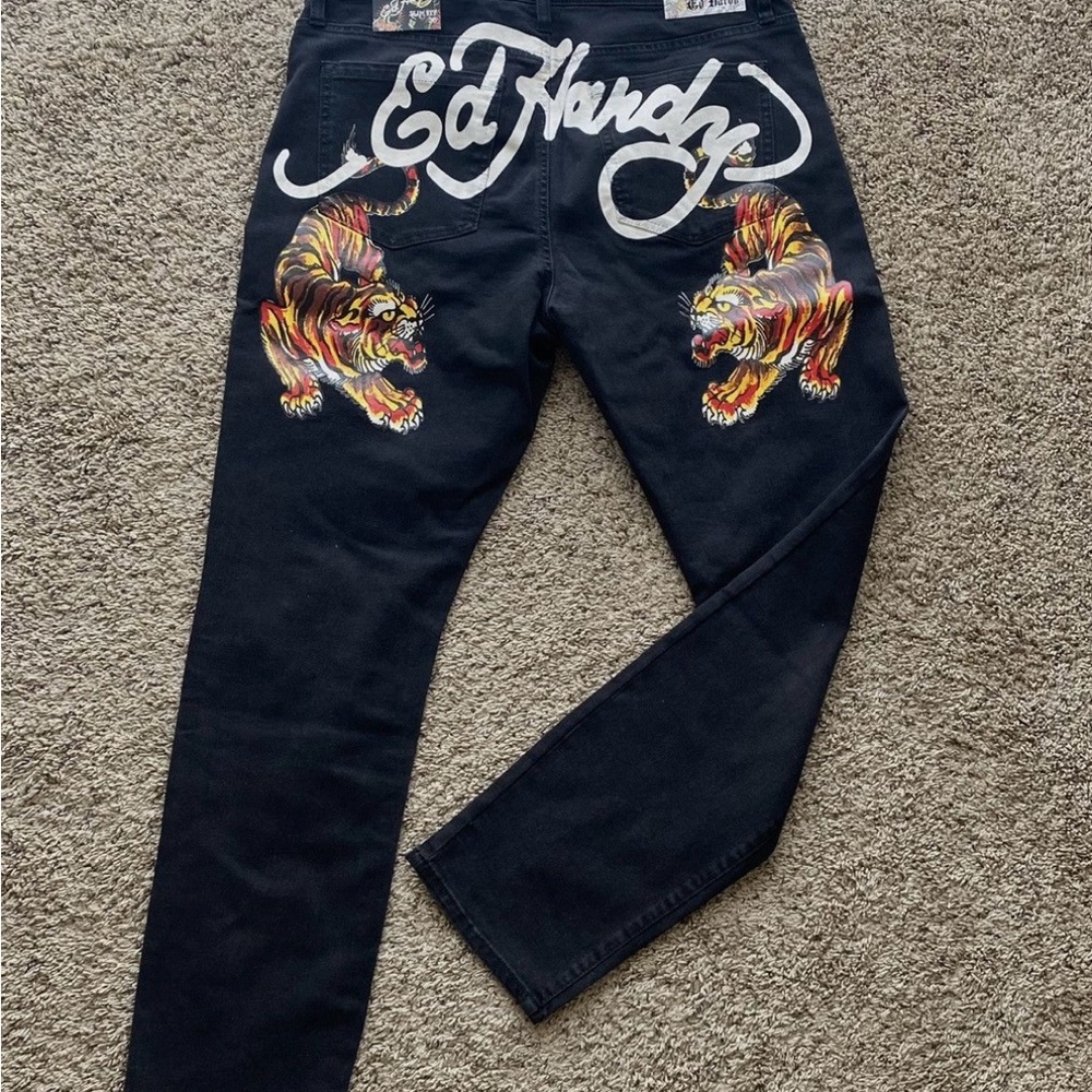 Ed Hardy Christian Audiger black Pants jeans Tiger Big Logo